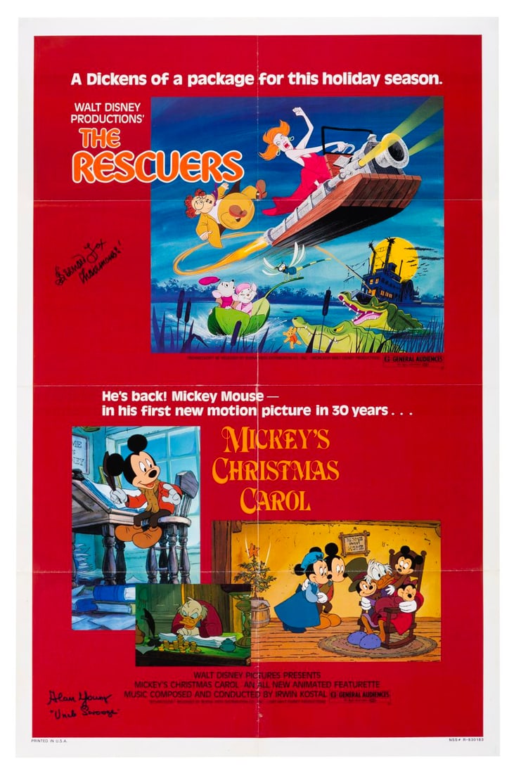 A Signed "The Rescuers" & "Mickey?s Christmas Carol" One-Sheet.: (Disney, 1983) A signed one-sheet for "The Rescuers" and "Mickey's Christmas Carol" double-bill release. The poster has been signed by Bernard Fox, the voice of Mr. Chairman in "The Rescuers," and