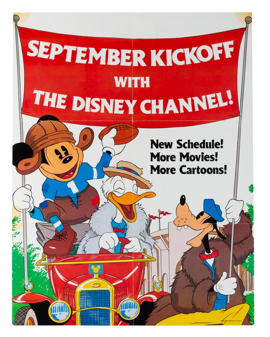 A Disney Channel "September Kickoff" Poster.: (Disney, 1983) A "September Kickoff" poster from The Disney Channel's inaugural year featuring Mickey, Goofy, and Donald. Measuring 16.5" x 21.5", the poster is in good condition with stains in the