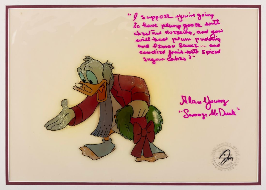 A Signed "Mickey's Christmas Carol" Production Cel.: (Disney, 1983) An original production cel of Scrooge McDuck as Ebenezer Scrooge from "Mickey's Christmas Carol," signed by the character's voice actor Alan Young with a quote from the film. Scrooge