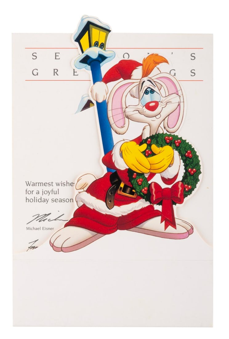 A 1988 Walt Disney Company Christmas Card.: (Disney, 1988) A Walt Disney Company Christmas card themed to the recently-released "Who Framed Roger Rabbit," with the facsimile signatures of CEO Michael Eisner and COO Frank Wells. Measuring 4.5"