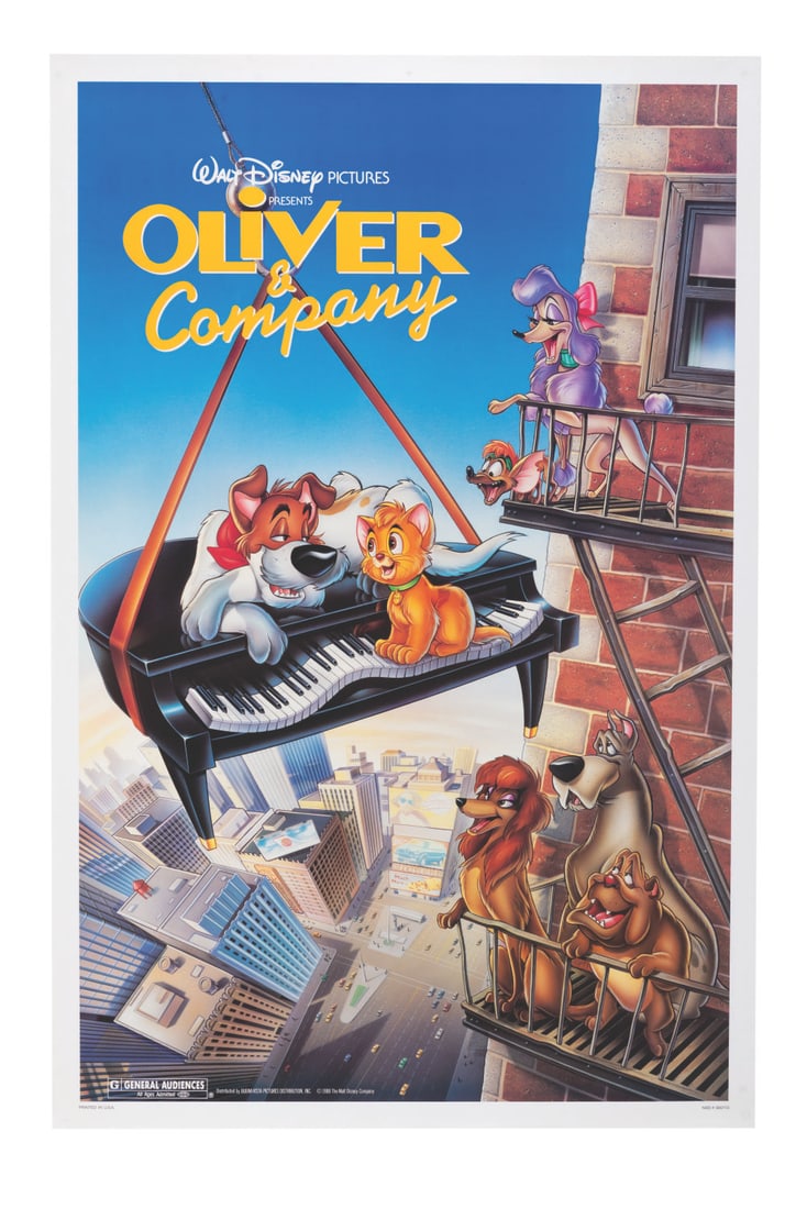 An "Oliver & Company" One-Sheet.: (Disney, 1988) An original one-sheet for Walt Disney Pictures' "Oliver & Company." Measuring 27" x 41", the poster is in very good condition with edge wear and light creasing.