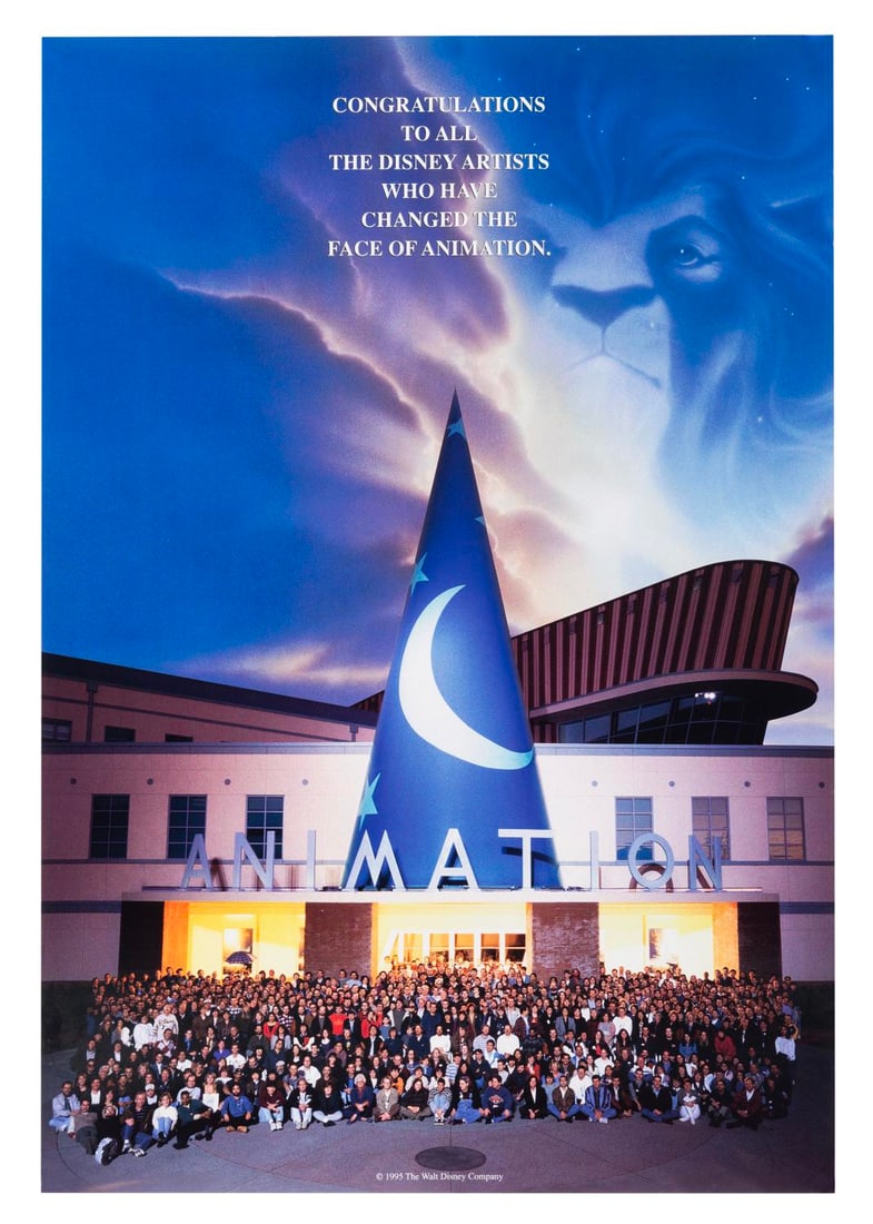 A Disney Feature Animation Team Poster.: (Disney, 1995) A Disney Animation Team poster commemorating the newly opened Animation building. The poster includes a thank-you note from the President of Feature Animation, Peter Schneider.