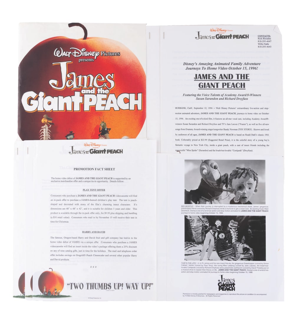 A "James and the Giant Peach" Home Video Release Announcement Packet.: (Disney, 1996) A packet announcing the home video release of "James and the Giant Peach." Included are seven press release documents, three press photos, and the original shipping envelope. The