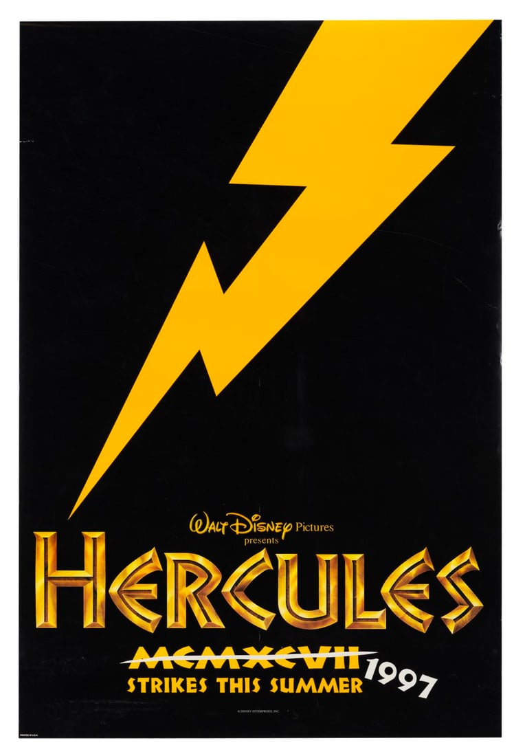 A "Hercules" Teaser One-Sheet.: (Disney, 1997) A one-sheet for the theatrical release of "Hercules," with Roman numerals cheekily crossed out and replaced by 1997. This black version was one of four colors released of this style of