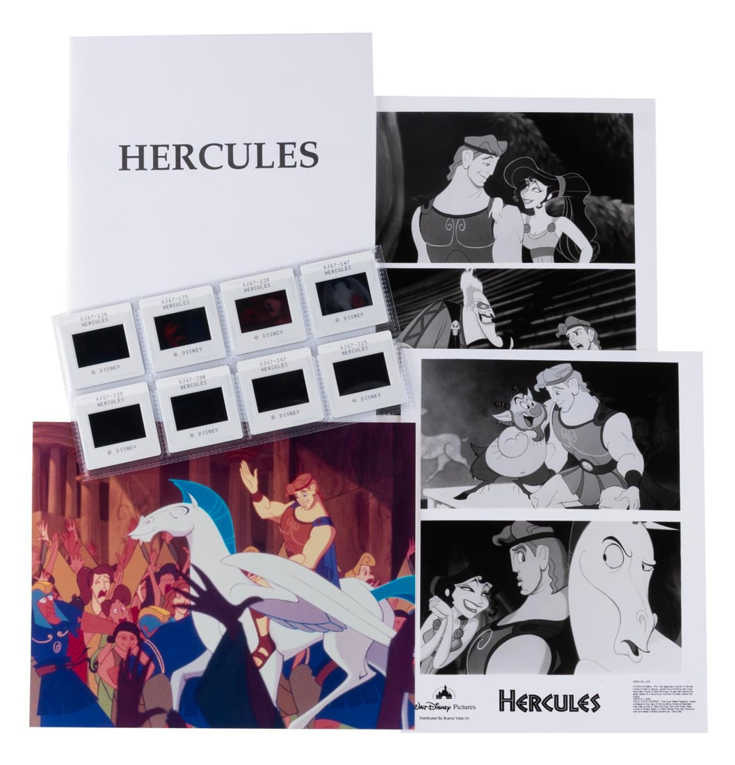 A "Hercules" UK Press Kit.: (Disney, 1997) A "Hercules" press kit from the United Kingdom featuring eight slides, three publicity photos, and a booklet packed with press releases about the making of the film. Ranging in size