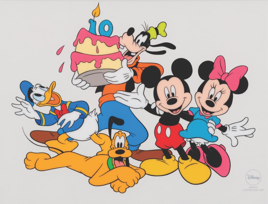 A Disney Store 10th Anniversary Sericel.: (Disney, 1997) A framed sericel titled "A Decade of Dreams," celebrating ten years of the Disney Store. The sericel of the Fab Five was released in an unnumbered limited edition of 5000. The