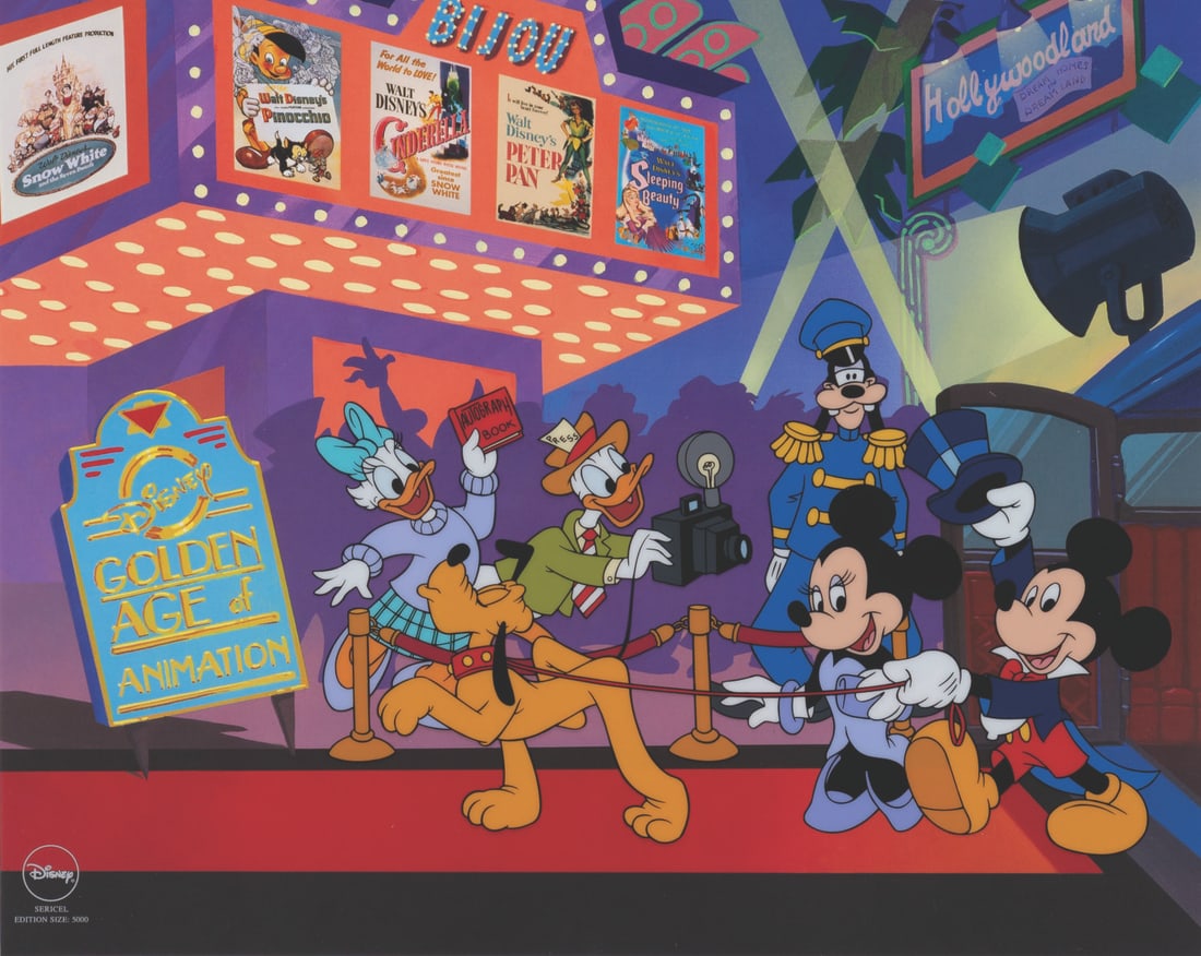 A Multi-Signed "Mickey's Film Festival" Limited Edition Sericel.: (Disney, 1999) A multi-signed limited edition sericel titled "Mickey's Film Festival," released in an unnumbered size of 5000. The framed art is signed by the voice actors Tony Anselmo (Donald Duck),