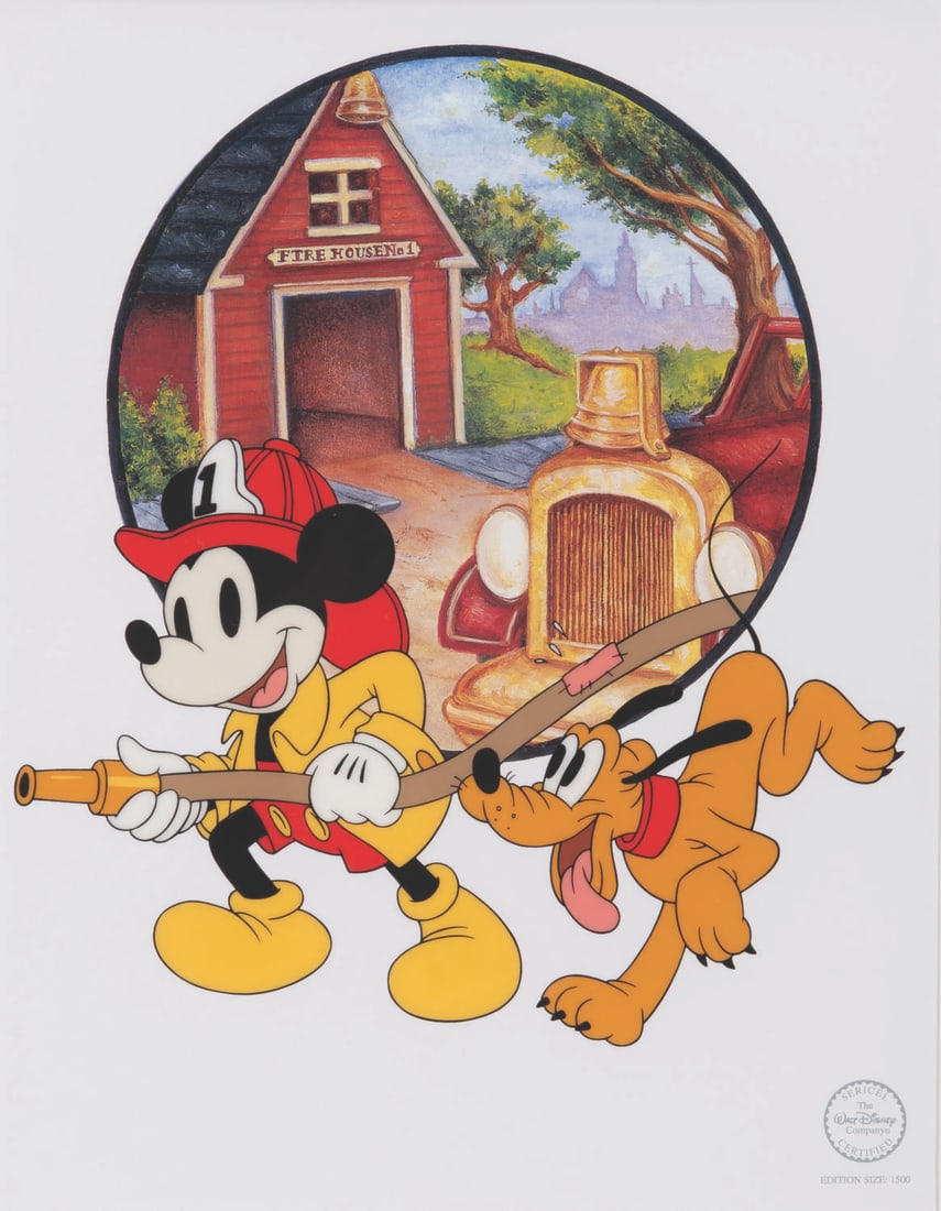 An "American Heroes" Mickey and Pluto Sericel.: (Disney, 1999) A sericel of Pluto and Mickey Mouse titled "American Heroes," released in a limited edition of 1500. The characters have an image size of 8.5" x 9.5" on a 9.25" x 12" visible cel. The