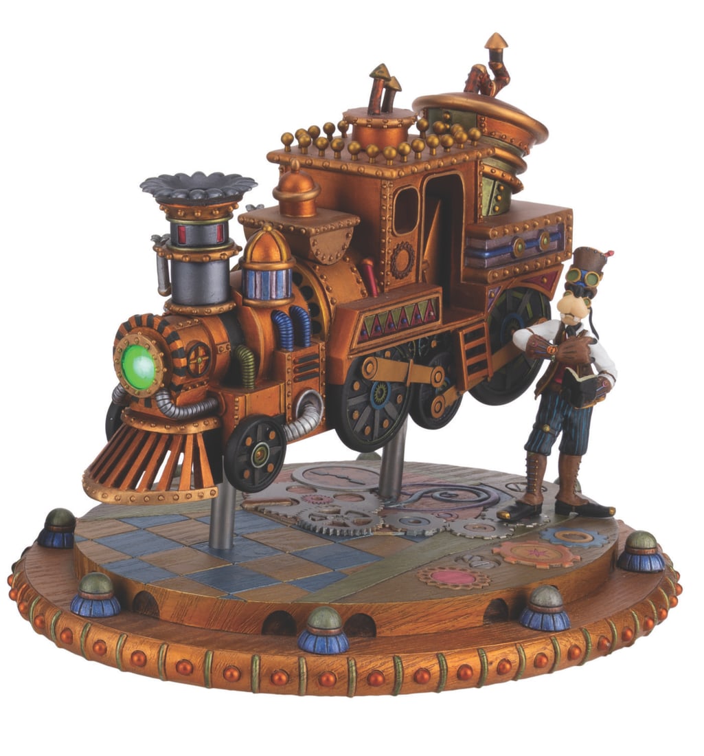 A Steampunk Goofy Figurine.: (Disney, 2000s) A steampunk Goofy figurine by artist Costa Alavezos, titled "The Mechanical Kingdom Locomotive." The light-up feature worked when tested, requiring three AAA batteries (not included).