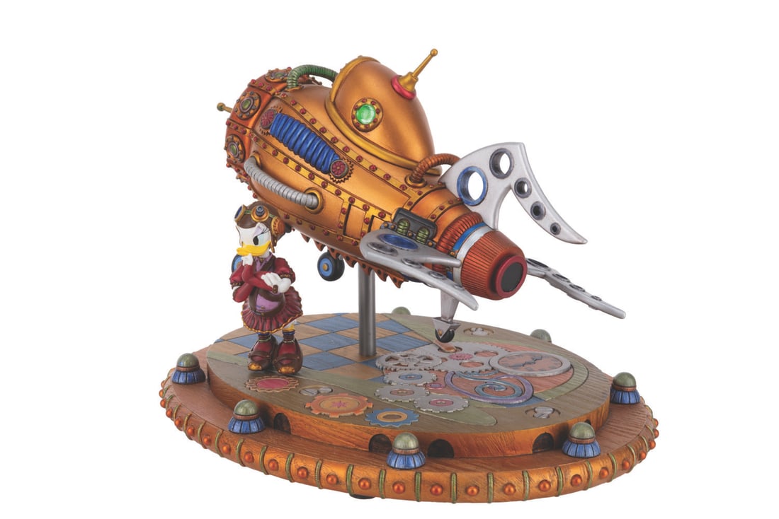 A Steampunk Daisy Duck Figurine.: (Disney, 2000s) A steampunk Daisy Duck figurine by artist Costa Alavezos. The light-up feature worked when tested, requiring three AAA batteries (not included). Measuring 10" x 8" x 7.5" tall, the