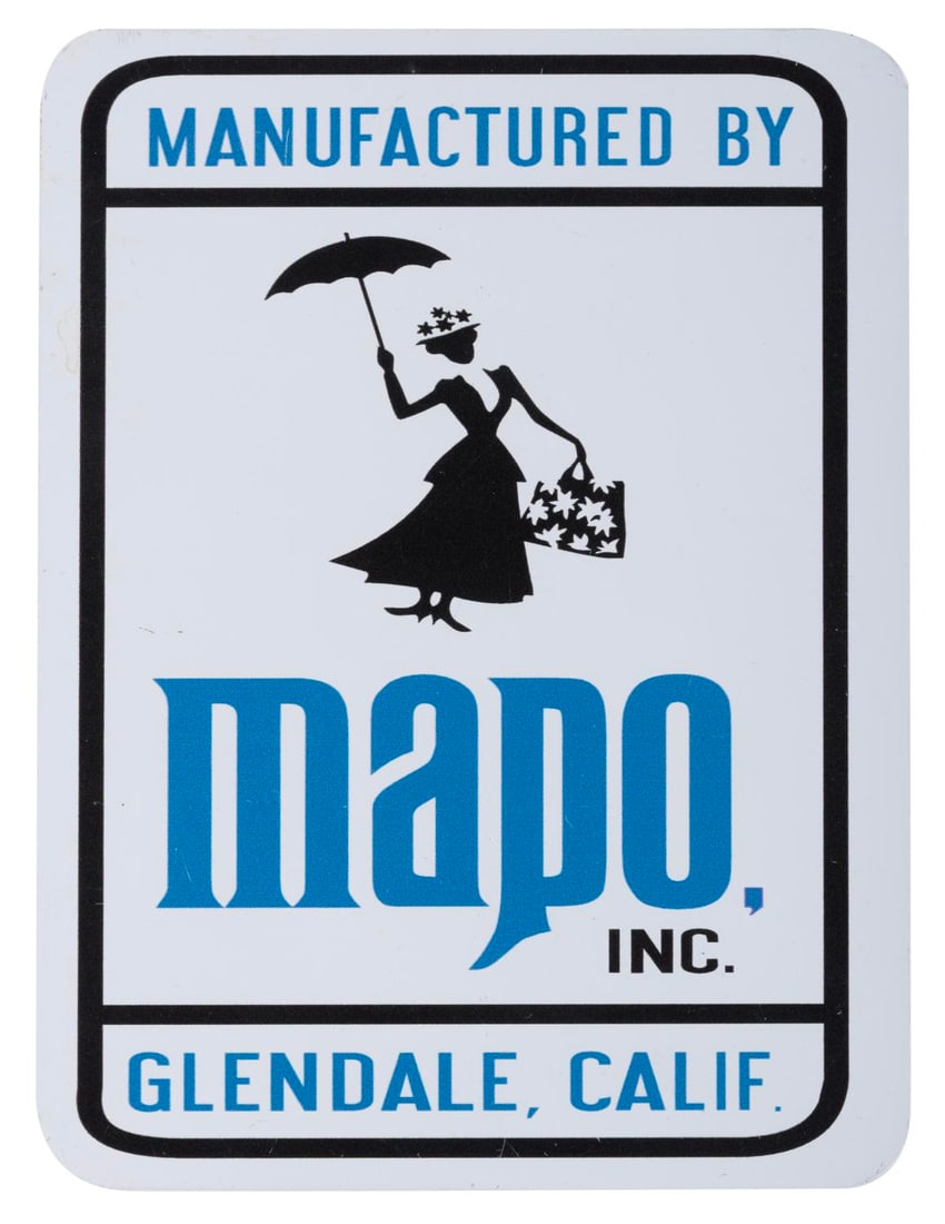 A "Manufactured by MAPO, Inc." Sign.: (2000s) A "Manufactured by MAPO, Inc." sign featuring Mary Poppins. Measuring 9" x 12", the sign displays in very good condition with scratches and wear.