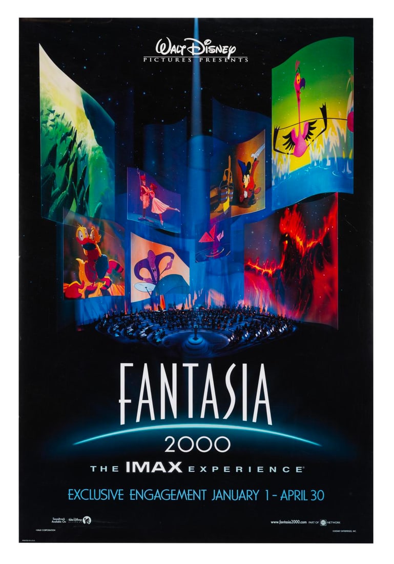 A "Fantasia 2000" One-Sheet.: (Disney, 1999) A one-sheet for the "Fantasia 2000" IMAX experience, with an exclusive engagement from January 1 to April 30. Measuring 27" x 40", the poster is in good condition with creasing, edge