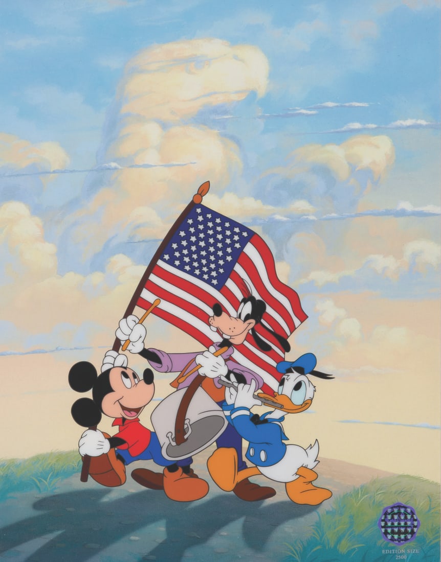 A Mickey, Donald, and Goofy "Spirit of America" Framed Sericel.: (Disney, 2002) A framed sericel of Mickey, Donald, and Goofy titled "Spirit of America," released in a limited edition of 2500. The characters have an image size of 6" x 7.25" on a 10" x 12.75 visible