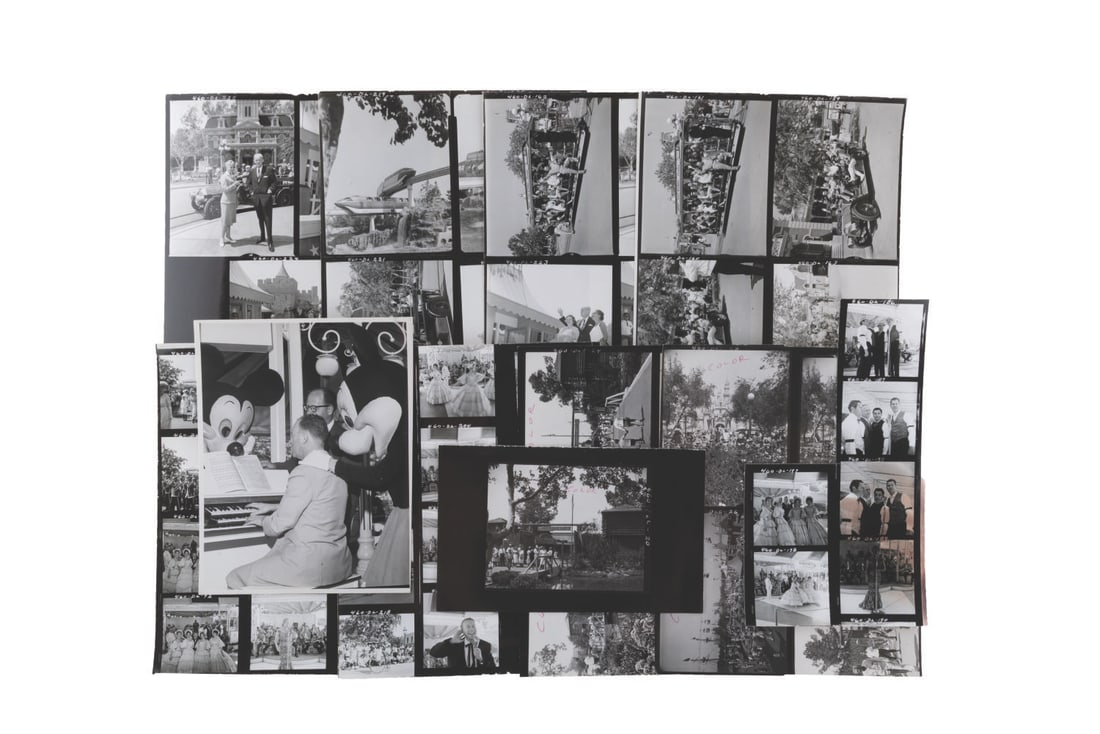 A Collection of 1960 Disneyland Photo Contact Sheets.: (Disneyland, 1960) A collection of Disneyland contact sheets and photo prints with a total of 52 images. Subjects include Frontierland, Main Street performers, Wally Boag, the monorails, and Guests in