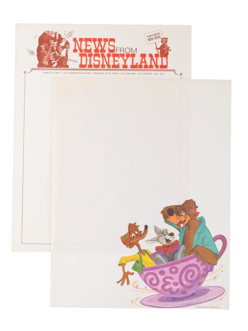 A Pair of Disneyland Stationery Sheets.: (Disneyland, 1970s) Two sheets of Disneyland Stationery from the 1970s. One proudly announces the opening of Bear Country, showing the Country Bear Jamboree, and the other shows Br?ers Rabbit, Fox, an