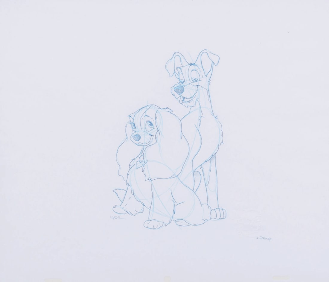 A Disney Park Lady and the Tramp Original Drawing.: (Disney Parks, 1990s-2000s) An original drawing of Lady and the Tramp from an animation artist stationed in an art store at a Disney Park. The art includes the original Disney embossing and is signed