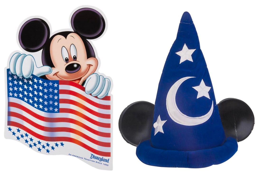 A Pair of Disneyland Postcards.: (Disneyland, 1990s-2000s) A pair of patriotic Mickey Mouse and Sorcerer Mickey hat postcards from Disneyland. Measuring 5" x 7.5" and 6.25" x 7.25", the postcards are in fair to good condition with