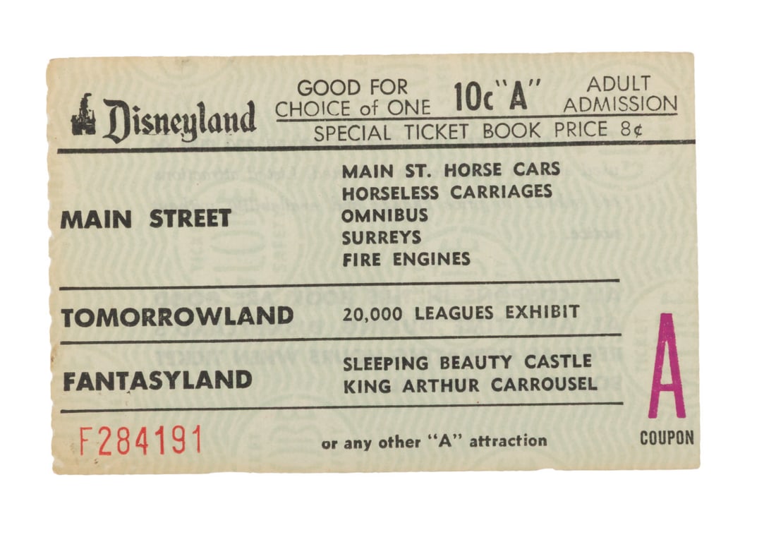 A Disneyland Adult "A" Ticket.: (Disneyland, 1962-66) An Adult Disneyland admission "A" ticket, including the "Special Ticket Book Price * Cents" line added only from 1962 to 1966. Numbered F284191, the 2.3" x 4" ticket is in good