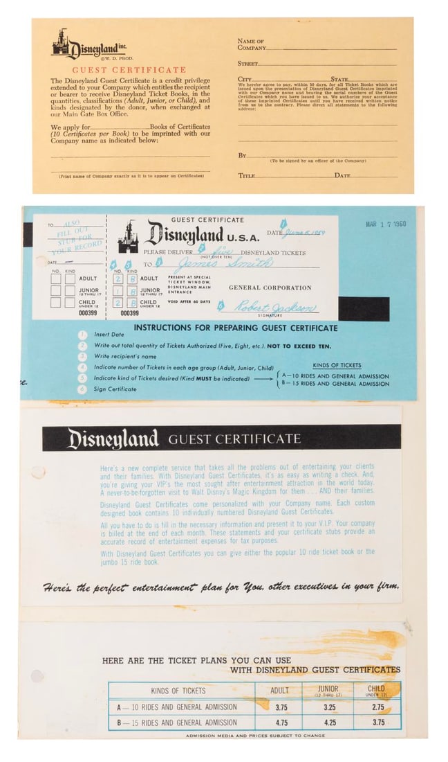 A Disneyland Guest Certificate and Information Page.: (Disneyland, 1960) A Disneyland Guest Certificate and information page. Certificates were given by company executives to clients and VIPs in exchange for main entrance passes and ticket books at