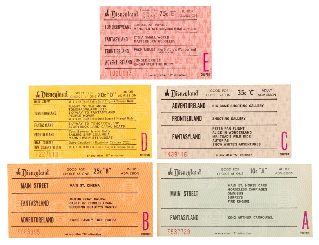 A Collection of Disneyland Ride Tickets.: (Disneyland, 1960s-70s) A collection of five loose A-E ride tickets ranging from the 1960s through the 1970s. Measuring 2.6" x 3.8" to 2.6" x 5.4" the tickets are in very good condition with light