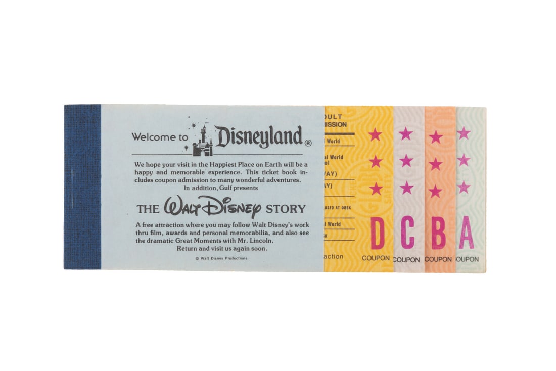 A 1970s Disneyland Courtesy Guest Ticket Book.: (Disneyland, 1973-75) An original Disneyland Courtesy Guest 5 Adventures ticket book. The book includes the Welcome to Disneyland tab promoting The Walt Disney Story and four coupons good for any "A" 