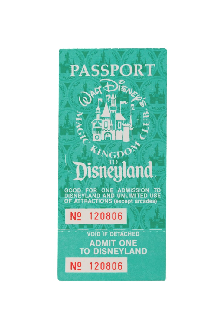 An Unused 1984 Disneyland Passport.: (Disneyland, 1984) An unused Passport to Disneyland, issued in 1984 for the price of $13 and stamped "Employee Discount" on the reverse. Numbered 120806, the 2.25" x 4.75" ticket is in fine condition,