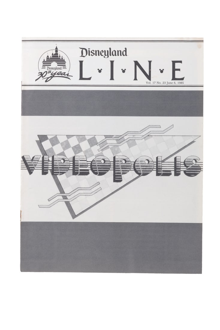 A Disneyland Line Videopolis Issue.: (Disneyland, 1985) Vol. 17 No. 23 of Disneyland Line, released June 6, 1985, with a cover story on the building of Videopolis. Measuring 8.5" x 11", the magazine displays in very good condition with l