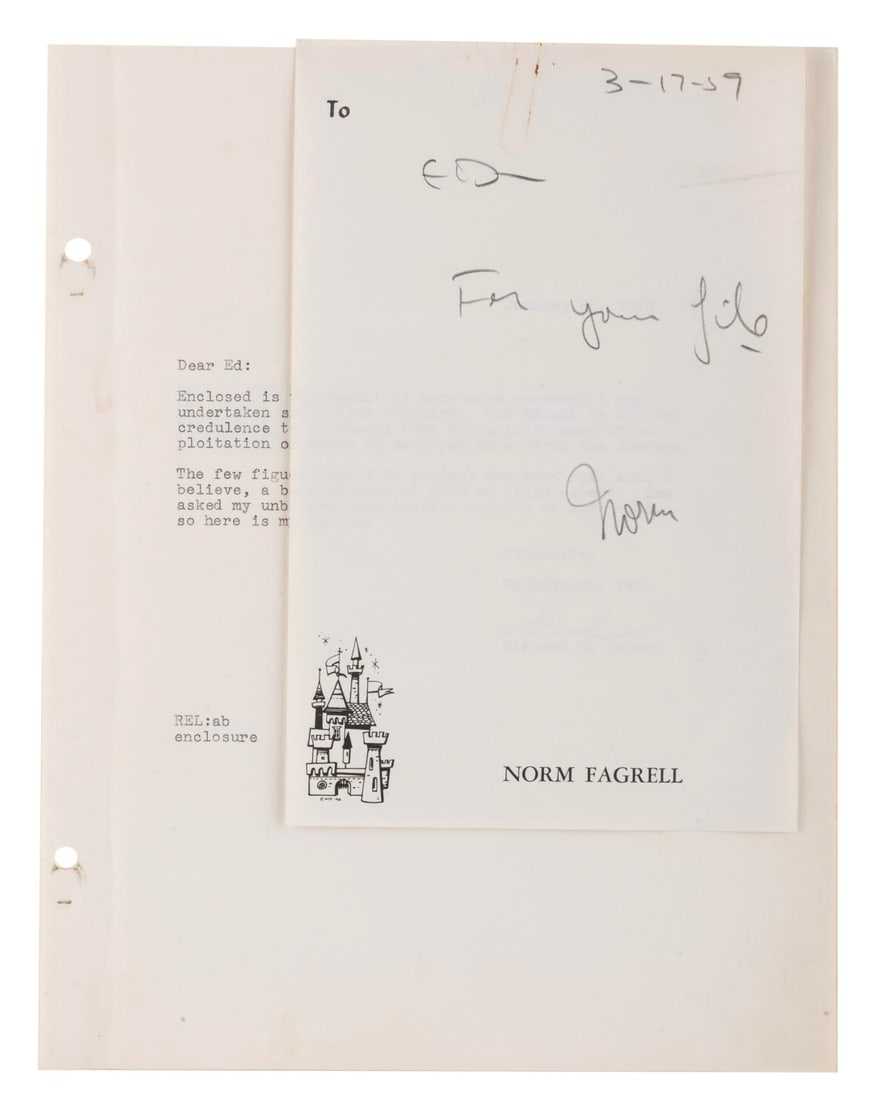 A 1959 Magic Kingdom Club Membership Report.: (Disneyland, 1959) A hand typed and signed report proposing new avenues for the Disneyland Guest Services Department to raise income. Guest Services was responsible for group sales and special events.
