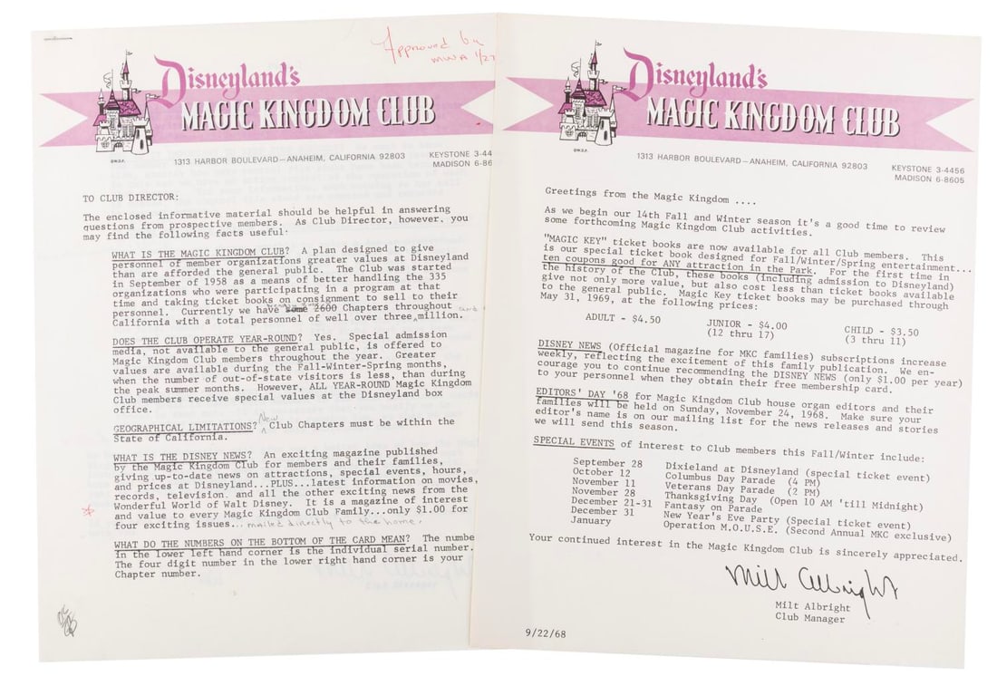 A Pair of Disneyland Magic Kingdom Club Documents. (1 of 2)