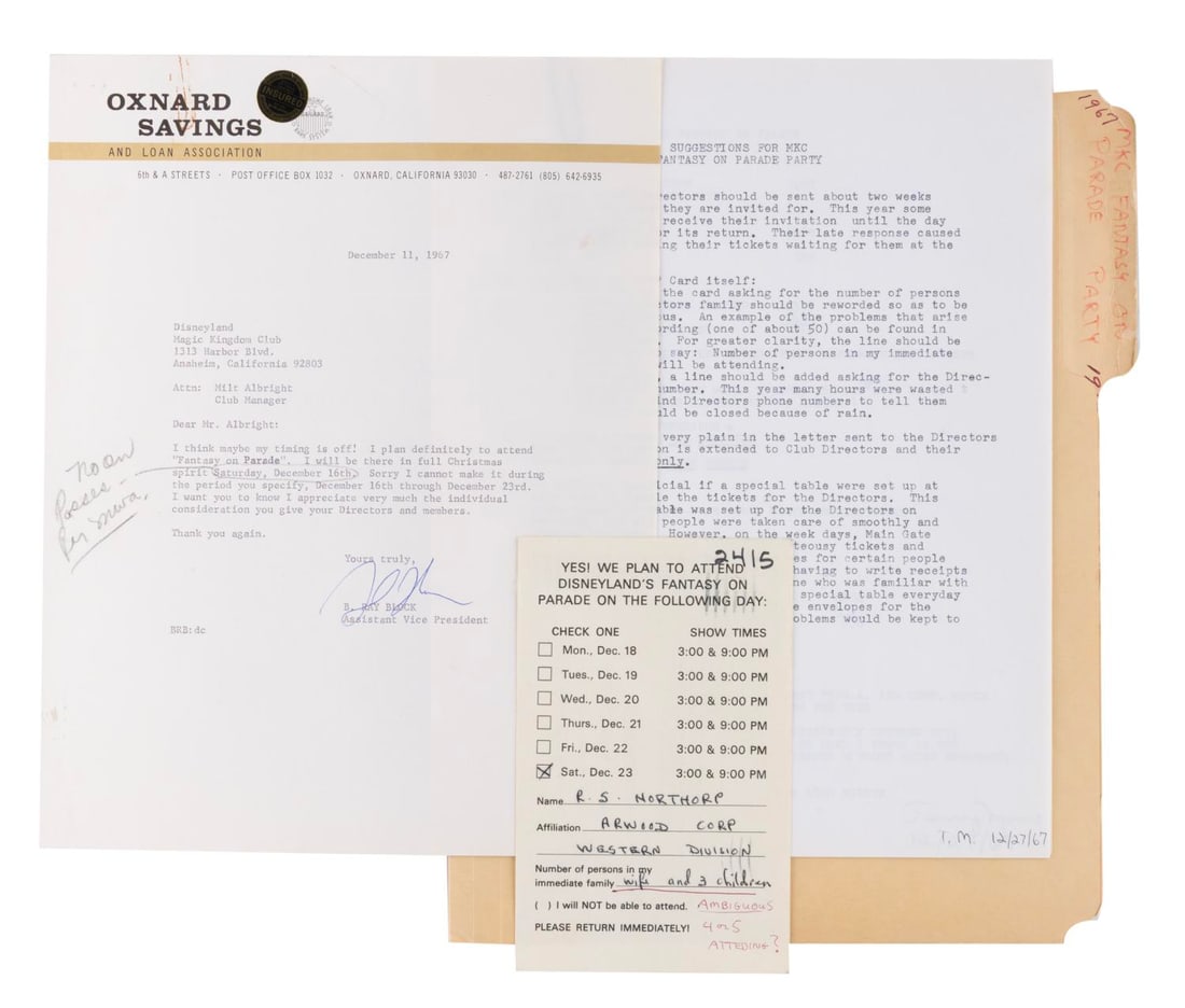 A Folder of Magic Kingdom Club Fantasy on Parade Documents.: (Disneyland, 1967) A folder of Magic Kingdom Club Fantasy on Parade documents from the office of Milt Albright. The seven-pages include suggestions for improving the event, enhanced sign-in procedures