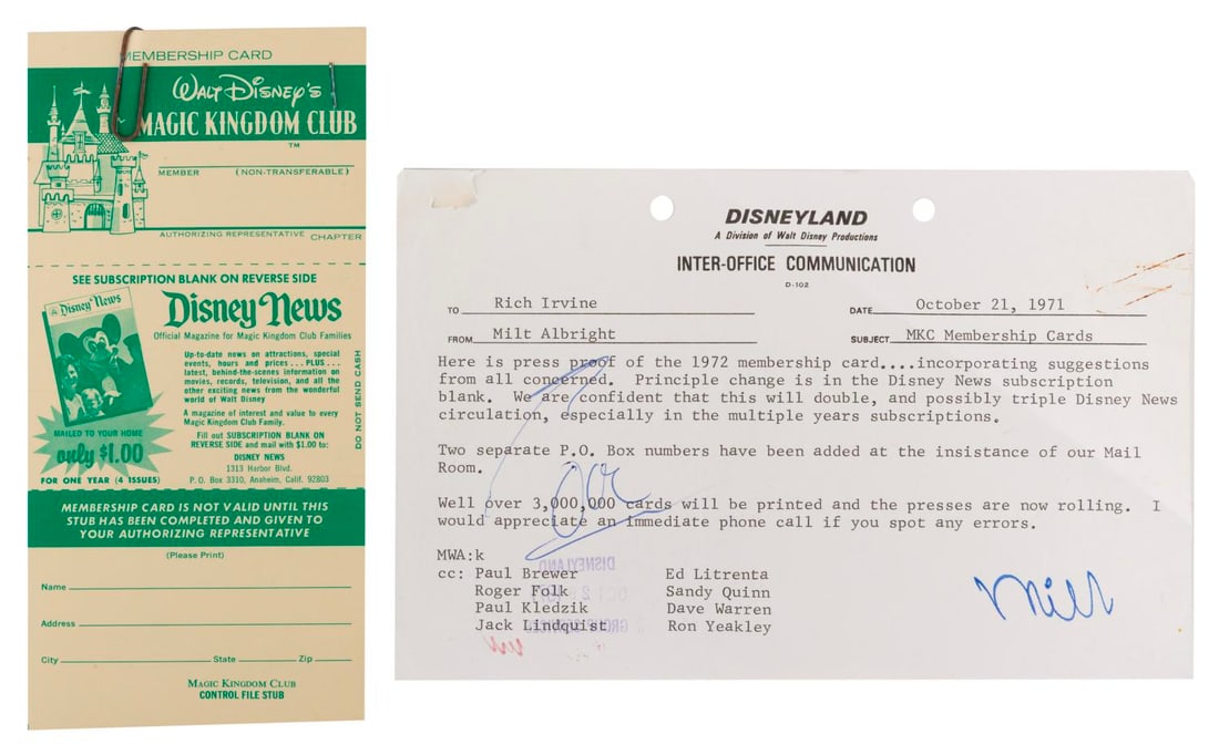 A Magic Kingdom Club Memo with Membership Card Proof.: (Disneyland, 1971) A Magic Kingdom Club memo from Milt Albright with a press proof membership card. Measuring 5.5" x 8.5", the memo and proof are in good condition with wear from handling, including a