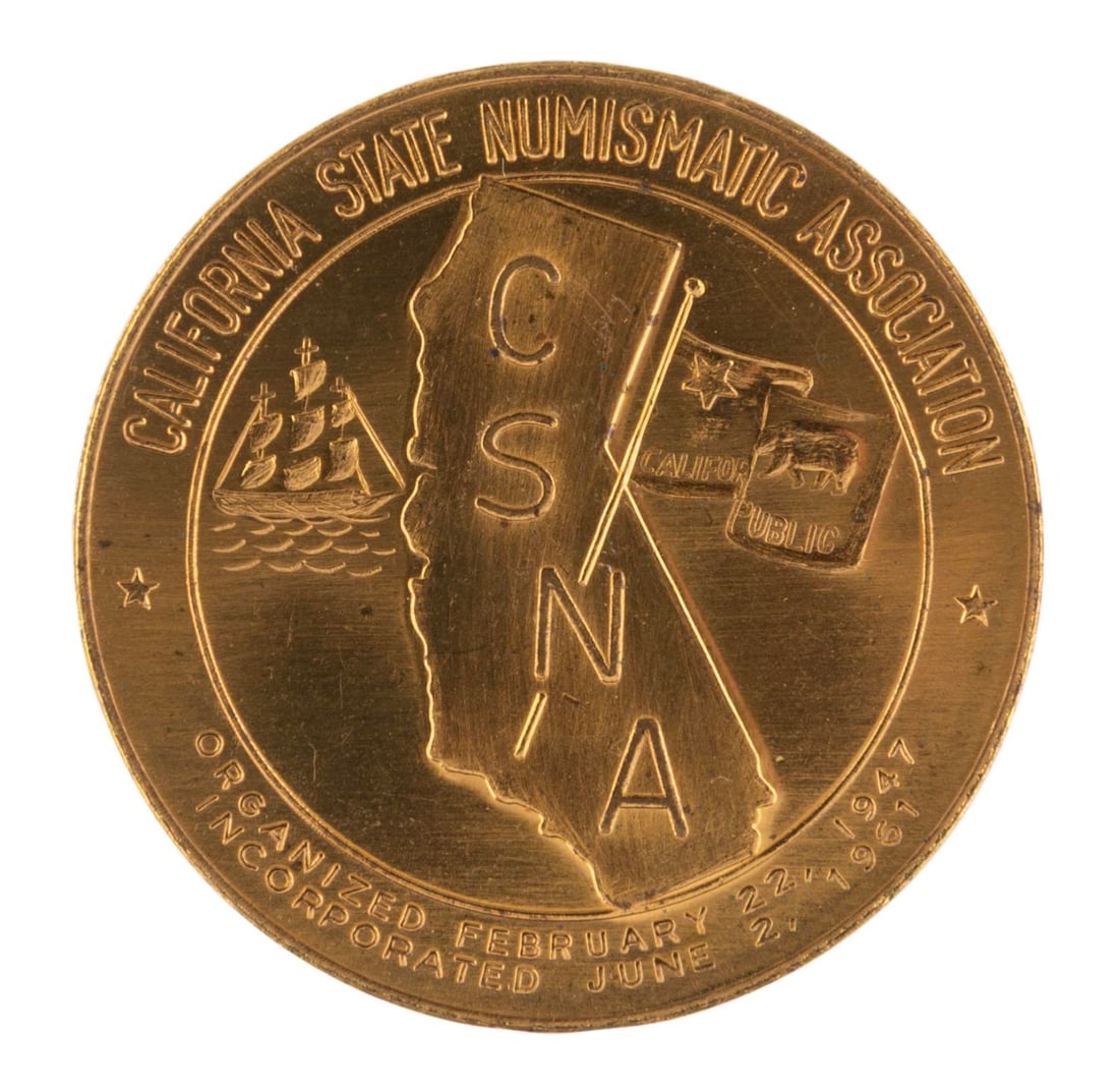 A 1964 Disneyland California State Numismatic Association Convention, Coin.?: (CSNA, 1964) A gold-tone commemorative coin for the California State Numismatic Association's semi-annual convention for coins, currency, and medallions held at Disneyland from October 22 to 24, 1964.