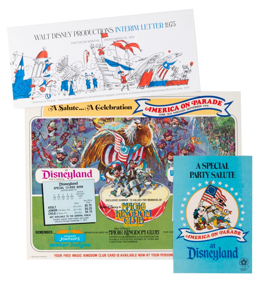 A Collection of America on Parade Ephemera.: (Disneyland/Walt Disney World, 1975-76) A collection of paper ephemera from America on Parade. Included are a Walt Disney Productions interim letter from 1975 with the parade on the cover, a Disneylan