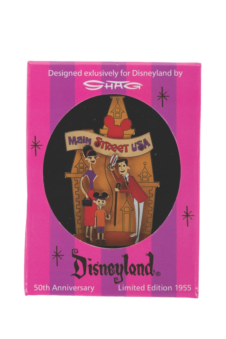 A SHAG Disneyland 50th Main Street, U.S.A. Pin.: (Disneyland, 2005) A Main Street, U.S.A. jumbo pin designed by the artist SHAG for Disneyland's 50th Anniversary, released in a limited edition of 1955. Measuring 3.5" x 2.25", the pin is in fine cond