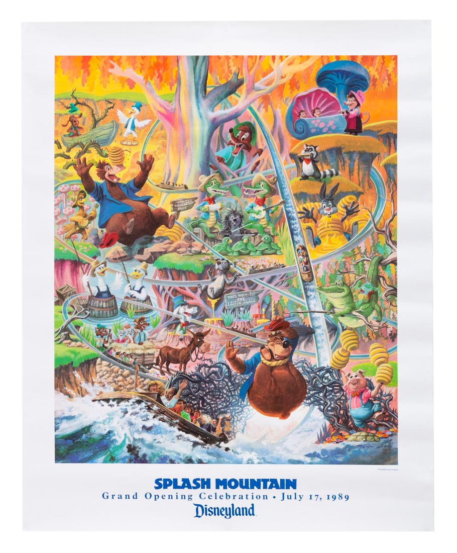 A Splash Mountain Grand Opening Charles Boyer Poster.: (Disneyland, 1989) A Splash Mountain poster by Disney artist Charles Boyer, commemorating the attraction's grand opening celebration on July 17, 1989. Measuring 24" x 30", the print is in good conditi