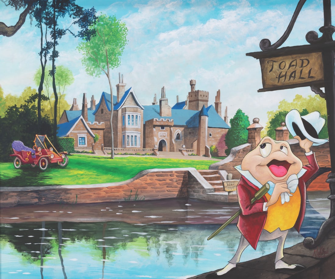 An Original Mr. Toad Painting by James C Mulligan.: (Disney, 2000s) A framed mixed-media painting of Mr. Toad at Toad Hall by Disney artist James C Mulligan. Measuring 19.25" x 23.5" visible in a 25.5" x 29.5" frame, the painting is in fine condition, 