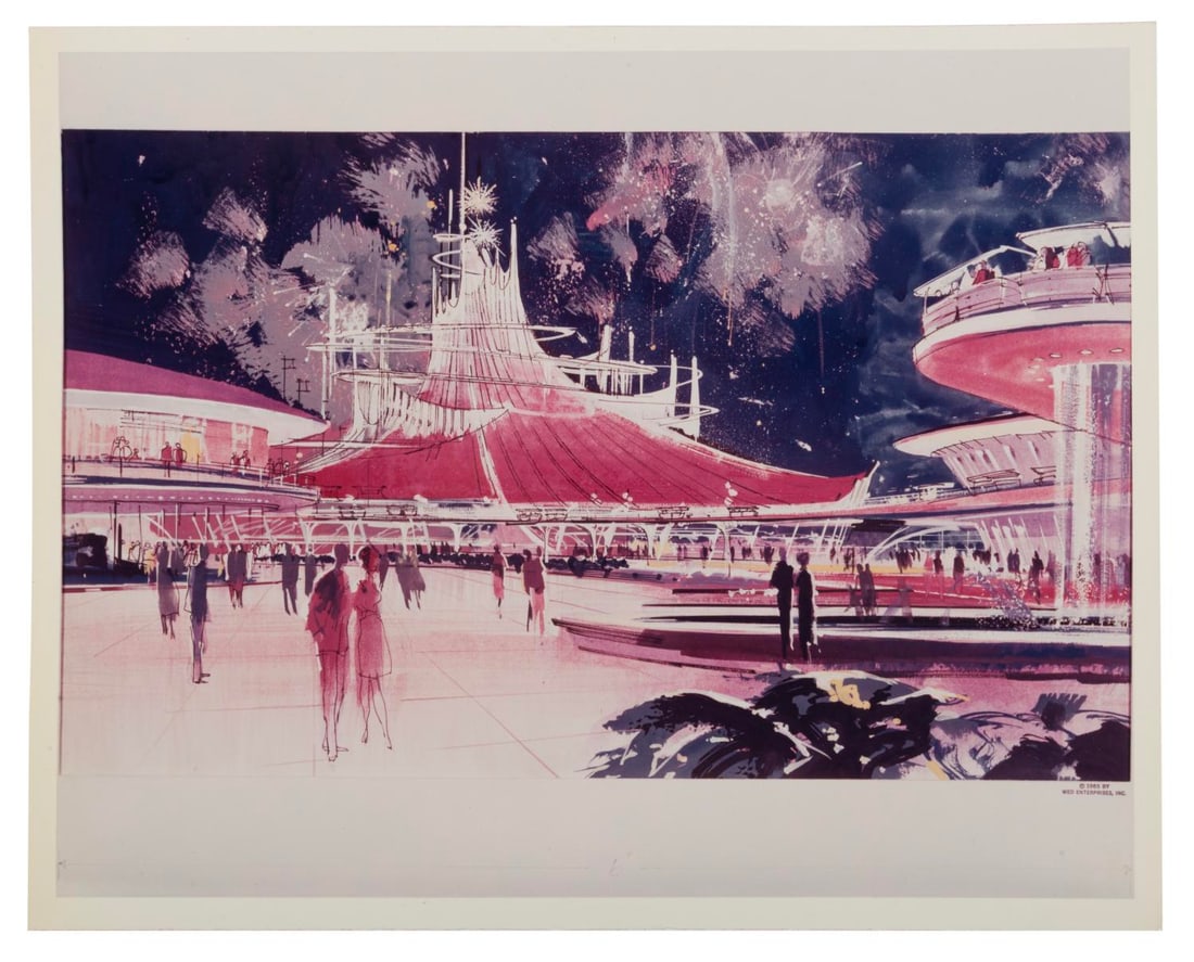 A Space Mountain Concept Art Photo.: (Disneyland, 1960s-70s) A photo of John Hench's concept art for Space Mountain. Measuring 8" x 10", the photo is in very good condition with light wear.