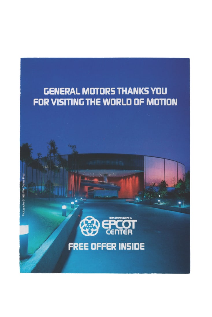 A World of Motion General Motors Brochure.: (EPCOT, 1985) A World of Motion brochure featuring imagery from the attraction, information on General Motors vehicles, and a mailer for a family vacation guidebook. Measuring 5.5" x 7", the piece