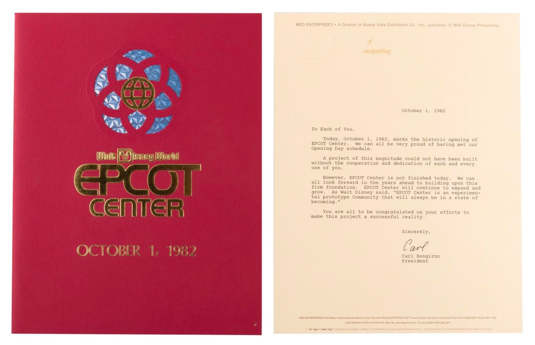 A Rare Imagineering EPCOT Booklet & Letter.: (WED, 1982) A very rare booklet sent to Imagineers upon the opening of EPCOT Center on October 1, 1982. Included is a cover letter by WED president Carl Bongirno, and the original mailing envelope.