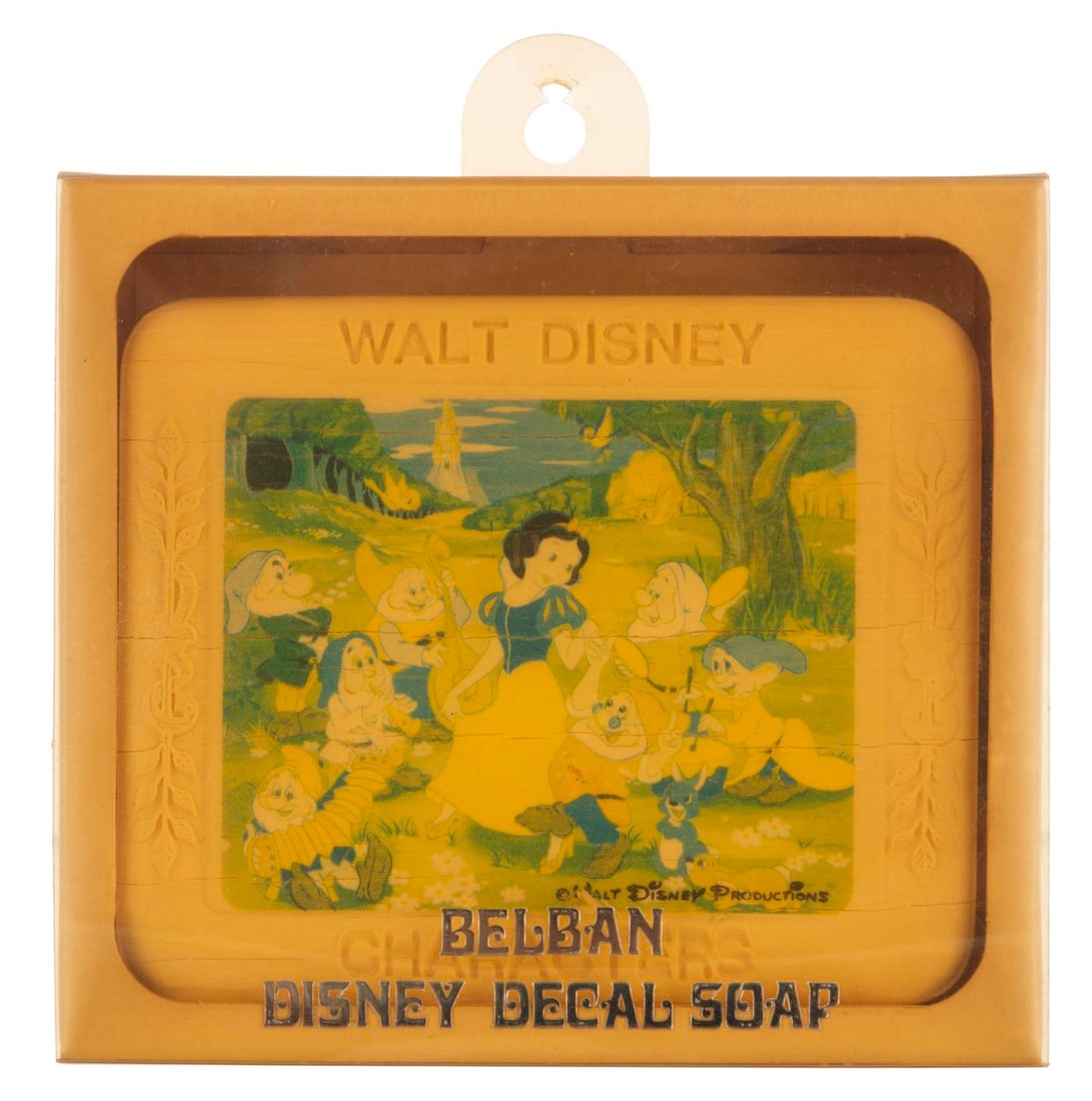 A "Snow White and the Seven Dwarfs" Decal Soap.: (Tokyo Disneyland, 1980s-90s) A bar of Japanese Vervan decal soap with an image of "Snow White and the Seven Dwarfs" affixed to the front. Measuring 1" x 3.25" x 3.5" in the original box, the soap is