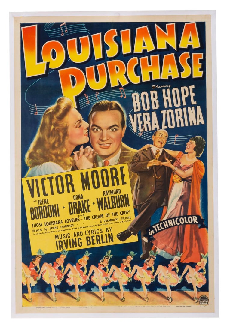 A "Louisiana Purchase" Linen-Backed One-Sheet.: (Paramount, 1941) A one-sheet for the Bob Hope comedy "Louisiana Purchase," also starring Victor Moore and Vera Zorina. Measuring 27.5" x 41" and 28.75" x 42.25" linen-backed for preservation, the