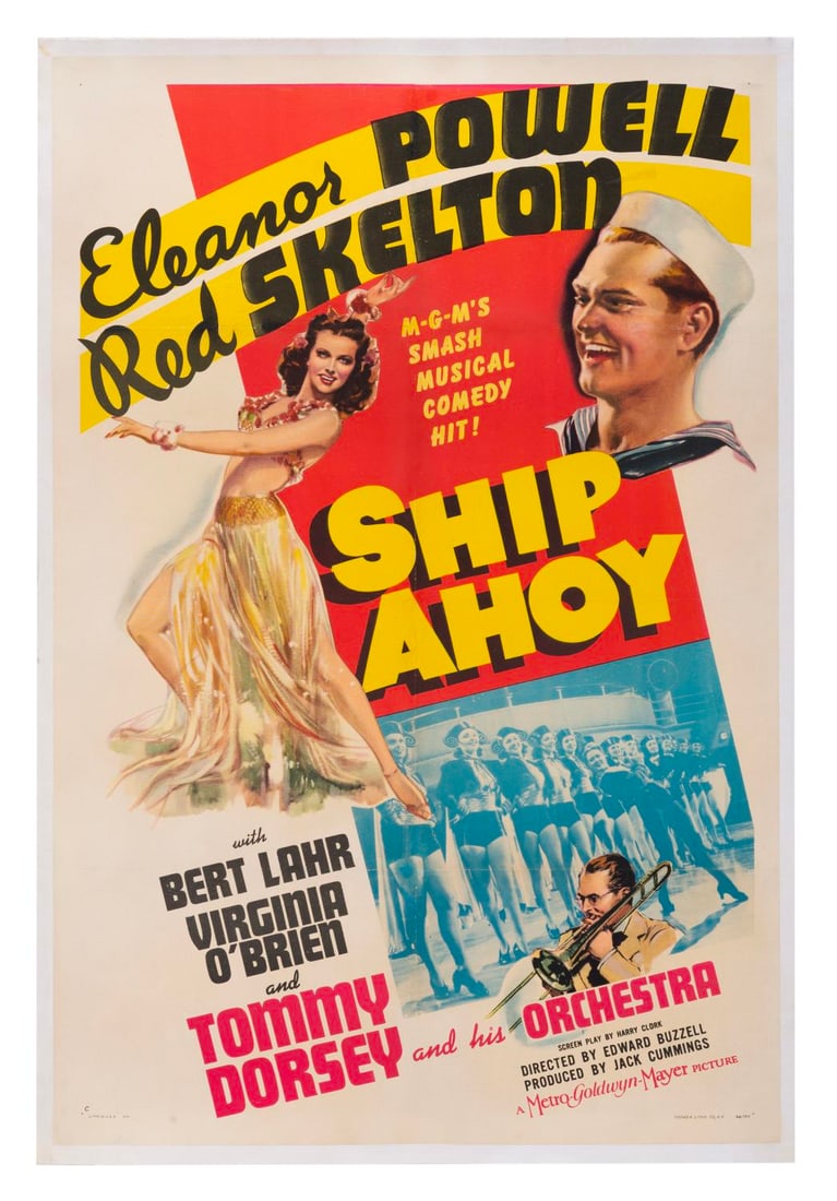 A "Ship Ahoy" Linen-Backed One-Sheet.: (MGM, 1942) A one-sheet for the Red Skelton and Eleanor Powell musical "Ship Ahoy." Measuring 27.25" x 41" and 28.75" x 42.25" linen-backed for preservation, the poster is in good condition with