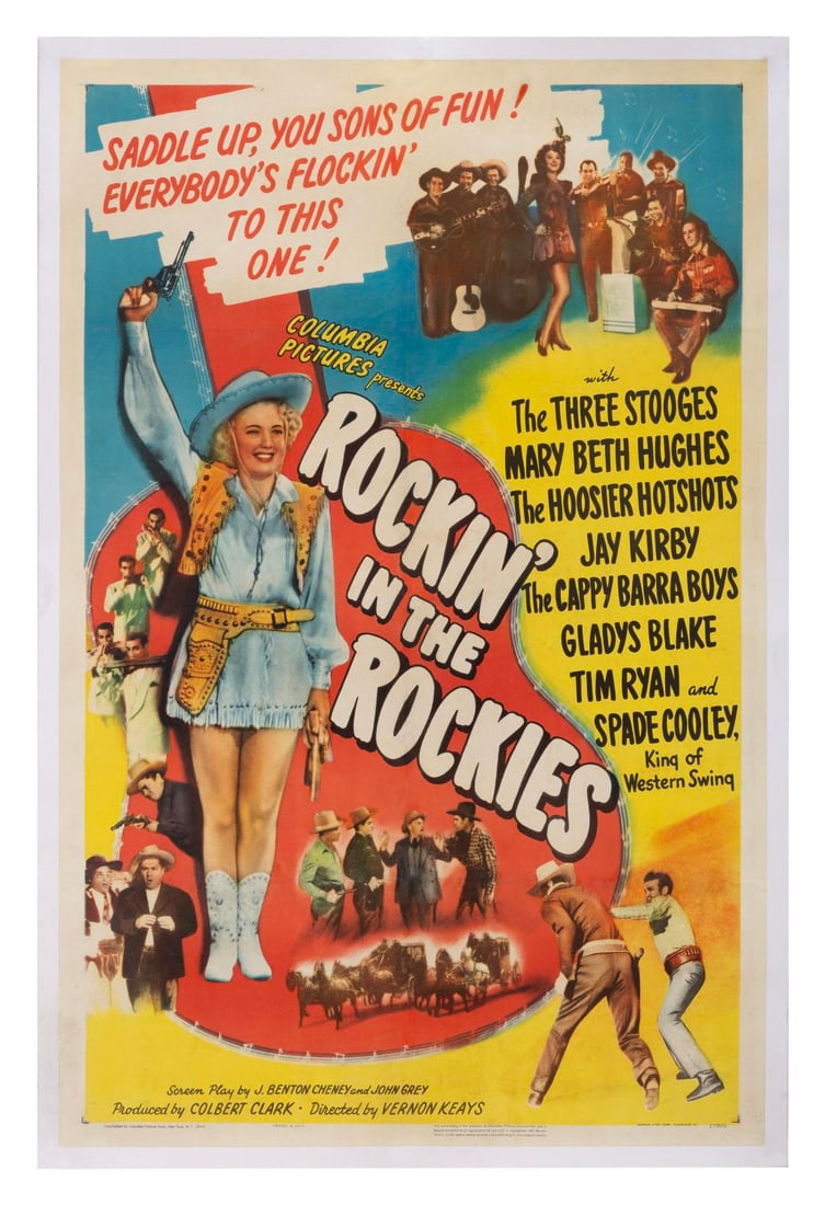A "Rockin' in the Rockies" Linen-Backed One-Sheet.: (Columbia, 1945) An original one-sheet for the Three Stooges western film "Rockin' in the Rockies." Measuring 26.75" x 41.25" and 28.5" x 43" linen-backed for preservation, the poster is in good