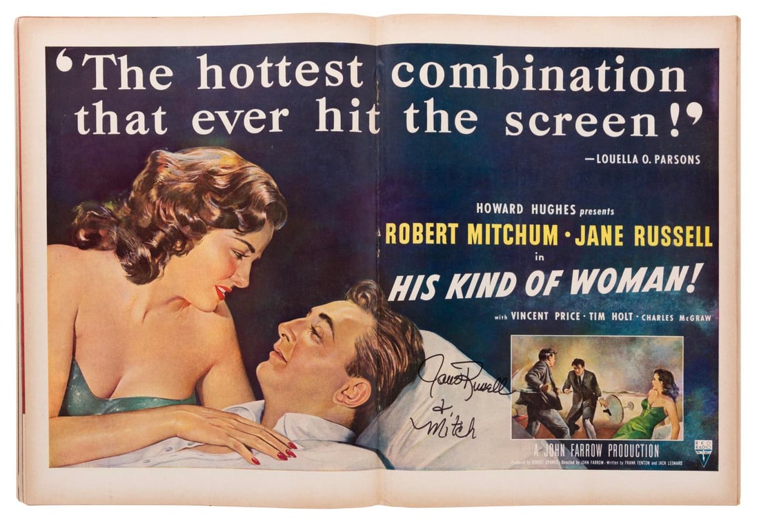 A Jane Russell Signed 1951 LIFE Magazine.: (LIFE, 1951) A July 23, 1951 LIFE magazine featuring a two-page spread for "His Kind of Woman!" signed by star Jane Russell. Measuring 10.5" x 14", the magazine is in good condition with handling