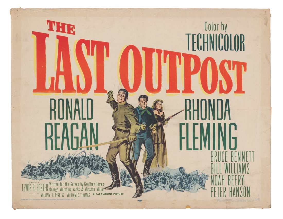 A "The Last Outpost" Half-Sheet.: (Paramount, 1951) A half-sheet for the Ronald Reagan Western "The Last Outpost." Measuring 22" x 28", the poster is in fair condition with heavy creases, edge wear, pinholes, spots of discoloration,