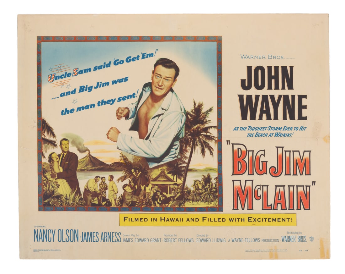 A John Wayne "Big Jim McLain" Half-Sheet.: (Warner Bros., 1952) A half-sheet for John Wayne as the communist-hunting "Big Jim McLain." Measuring 22" x 28", the poster displays in good condition with edge tears up to 1.75", scrapes, creases,