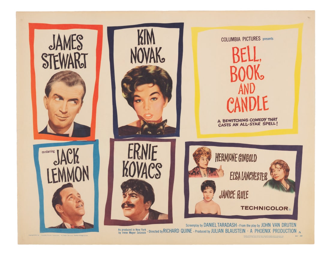 A "Bell, Book and Candle" Half-Sheet.: (Columbia, 1958) A half-sheet for "Bell, Book and Candle," starring James Stewart and Kim Novak. Measuring 22" x 28", the poster displays in very good condition with folds, wear, edge tears up to