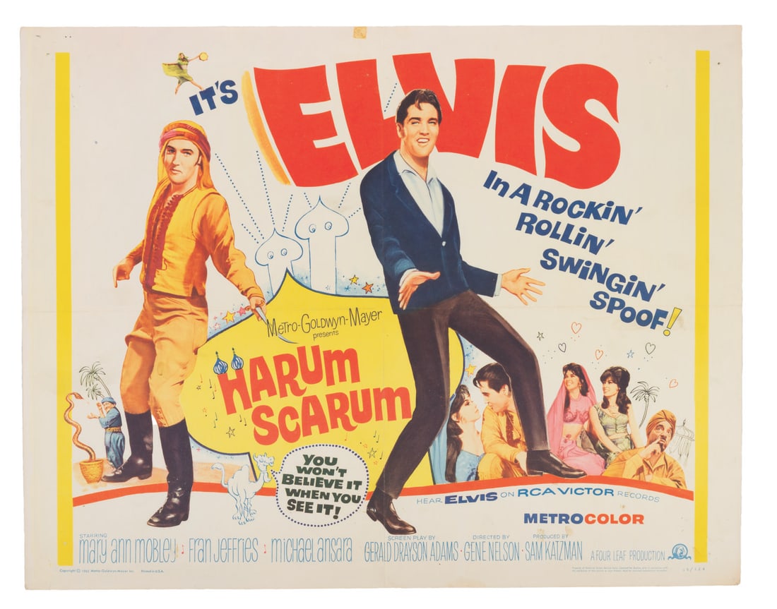 An Elvis "Harum Scarum" Half-Sheet.: (MGM, 1965) A half-sheet for the Elvis Presley movie musical "Harum Scarum." Measuring 22" x 28", the poster is in good condition with folds, creases, edge wear, spots of discoloration, scrapes, tape