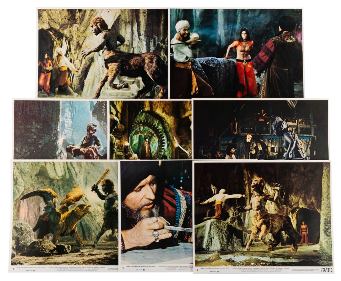 A Set of "The Golden Voyage of Sinbad" Lobby Cards.: (Columbia, 1973) A set of eight lobby cards for "The Golden Voyage of Sinbad," with six featuring Ray Harryhausen's stop motion creatures. Each measuring 8" x 10", the cards are in very good