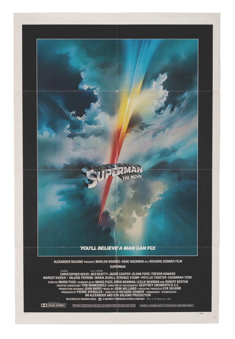 A "Superman: The Movie" One-Sheet.: (Warner Bros., 1978) A one-sheet for "Superman: The Movie," with artwork by Bob Peak. Measuring 27" x 41", the poster is in good condition with wear along original folds, small creases and handling